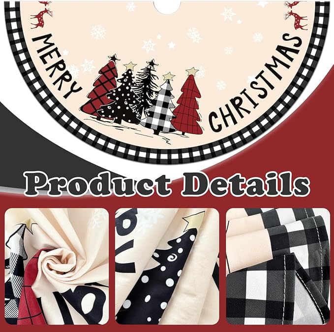 Christmas Tree Skirt 48 Inches Black White Buffalo Plaid Xmas Tree Skirt with Snowflake Merry Christmas Tree Skirts Christmas Tree Decorations for Christmas Holiday Home Decor Indoor Outdoor