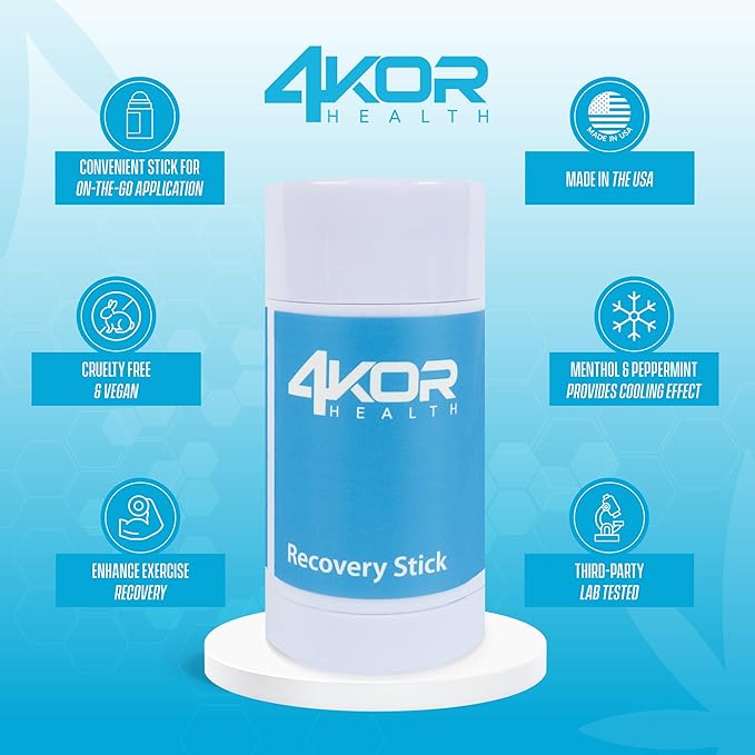 4KOR Recovery Stick - Natural Muscle Balm | Hemp Infused | for Muscles, Joints, Post-Workout | Features a Cooling & Warming Sensation | Portable & Non-Greasy Twist-Up Balms - 1 oz.