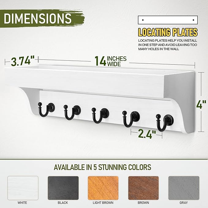 Rebee Vision Key and Mail Holder for Wall with Floating Shelf : Decorative Hanging Organizer with 5 Sturdy Keys Hooks and Wall Mount Key Rack - Farmhouse Entryway Décor (Modern White)