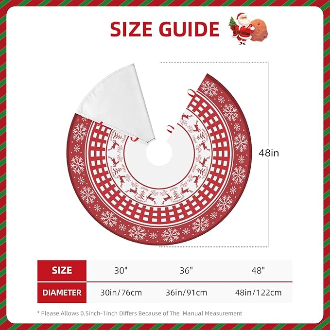 Christmas Tree Skirt, Red Tree Skirts 48 Inch with Snowflake Reindeer Rustic Farmhouse Xmas Tree Skirt Christmas Decorations for Holiday Party Decor Indoor Outdoor