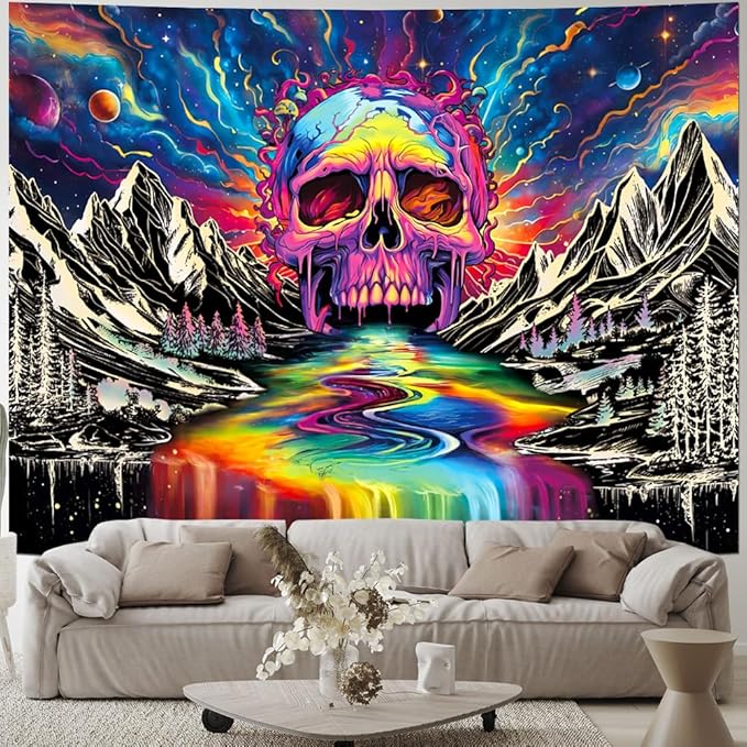 Blacklight Skull Tapestr UV Reactive Galaxy Mountain Planet Tapestries Magic Neon River Wall Hanging Aesthetic Skeleton Wall Decor Forest Trees Landscape Backdrop for Living Room