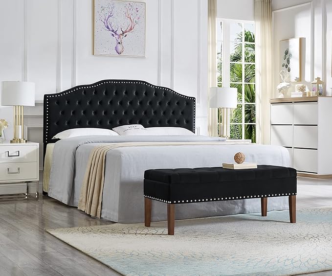 24KF Upholstered Button Tufted King Size Headboard with Nailhead Trim, Soft Velvet Fabric Headboard King/Cal King Size-Black