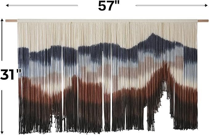 Flber Large Macrame Wall Hanging 57" W x 31" L Handmade Dip Dye Tapestry Bohemian Fiber Art Wall Hanging Mountain Inspired Wall Tapestry Neutral Rustic Wall Decor for Bedroom Living Room