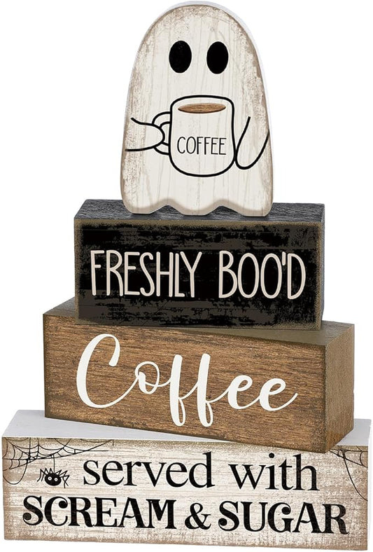 4 Pcs Halloween Table Decor Coffee Ghost Wooden Sign Halloween Tiered Tray Decor Farmhouse Ghost Tabletop Centerpiece Decorative Coffee Bar Block Signs for Home Office Kitchen Shelf