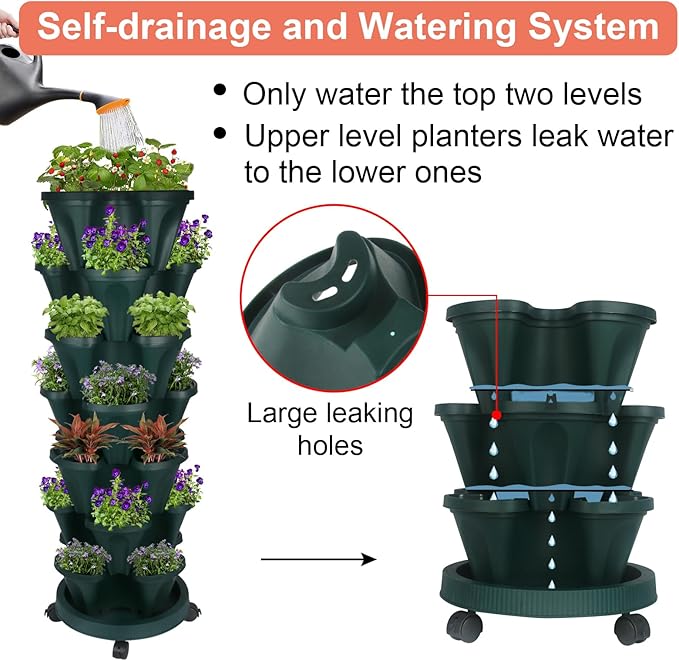 Vertical Planter 7 Tier Stackable Planters Garden Planters Strawberry Herb Flower and Vegetable Planter Indoor Outdoor Gardening Pots with Removable Wheels and Tools