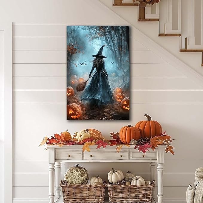 Vintage Moody Halloween Witch Artwork Wall Decor,Spooky Halloween Gothic Canvas Artwork Creepy Horror Witch with A Broom Pumpkin Bats Rustic Forest Picture,Dark Academia Poster,24"x36" Framed