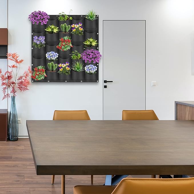 25 Pockets Hanging Planter Bags, Hanging Vertical Wall Mounted Plant Planting Grow Bags, Herb Garden Planter Outdoor Indoor Growing Bag, Gardening Vertical Greening Flower Container(1m×1m, Black)