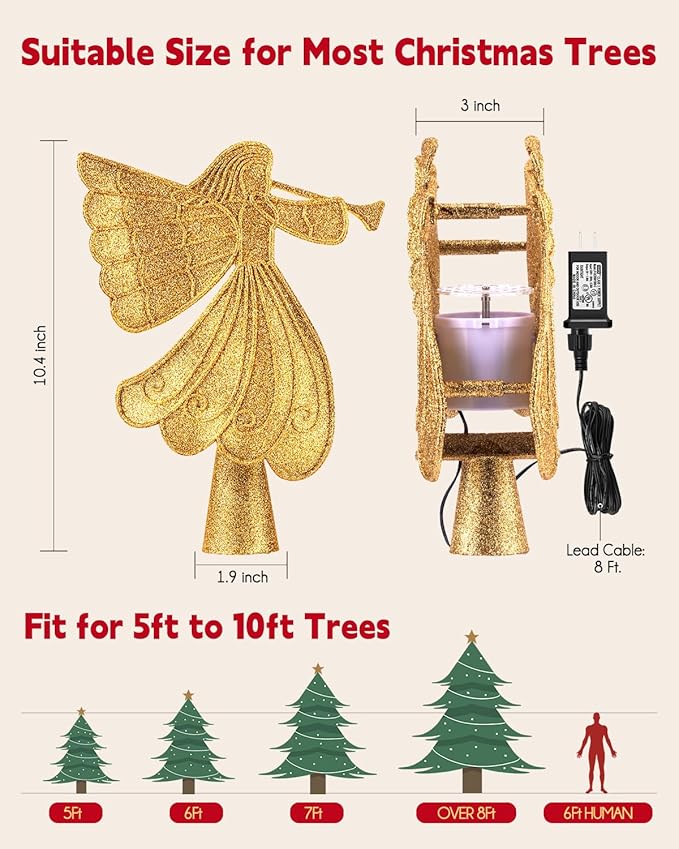 Christmas Angel Tree Topper with Built-in LED Snowflake Projector Lights Hollowed Pentagram Tree Top with Gold Spangles Plated Plug in for Indoor Outdoor Christmas Decorations, Gold