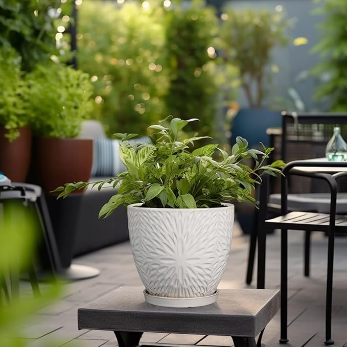 G EPGardening 8 Inch Ceramic Plant Pot with Drainage Hole and Saucer Round Planter Pot for Indoor Outdoor Plants Modern Large Flower Pot White