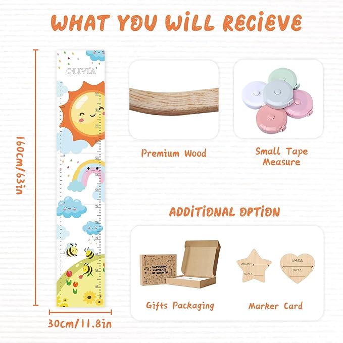 Personalized Name Growth Chart for Wall, Sun Rainbow Height Chart for Kids, No-Drill Growth Chart for Wall, Perfect as Kids Room Decor & Thoughtful Birthday Gift for Boys and Girls