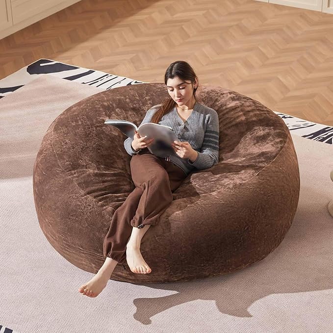 Bean Bag Chair 6Ft, Memory Foam Filled, Large Beanbag Chairs for Adults and Teens, Soft Sofa with Removable Flannel Cover, Round Couch for Living Room Bedroom College Dorm (Coffee, 6FT-67×67"×24")