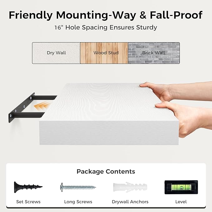 12 Inch Deep White Floating Shelves, 24 x 12 Floating Shelf for Books, Rustic Wood Deep Wall Shelves for Home Storage & Display, 2" Thicked Shelves for Kitchen, Living Room, Bedroom, 1 Pack