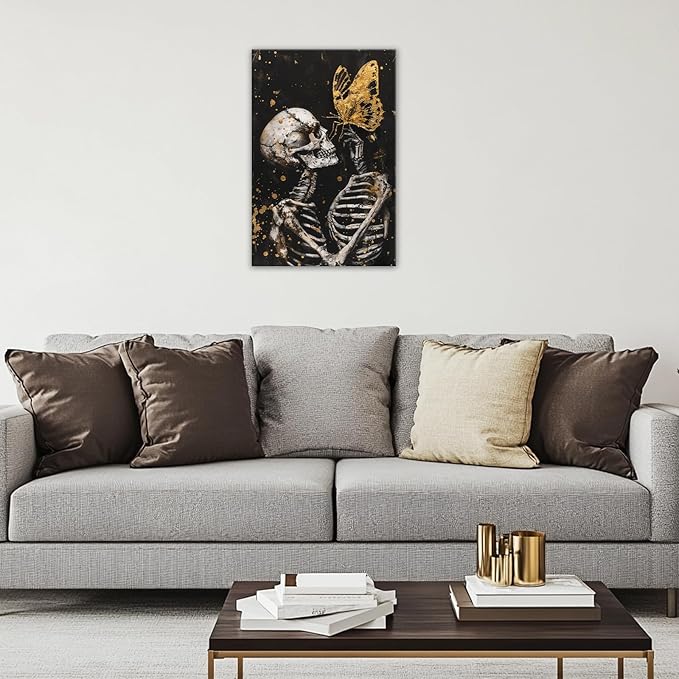 OAAPITI Skull Wall Art Skull and Gold Butterfly Canvas Print Abstract Modern Gothic Artwork for Bedroom Dark Art Decor(Artwork-7,20"x30")