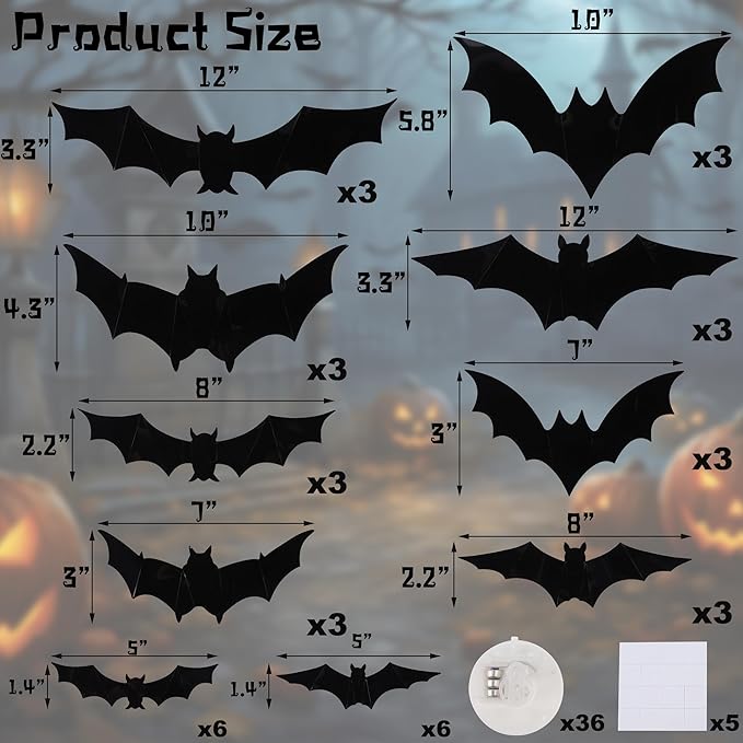 DR.DUDU 36 Pack Halloween Bats Wall Decor – Lighted 3D Bat Stickers Assorted Size for Halloween Party, Bedroom Window Decorations, Indoor and Outdoor Home Decals