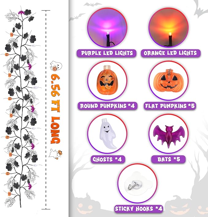 kuaima Halloween Lighted Willow Vine Twig Decor, 6.56 FT Light up Garland with Purple and Orange LED Lights for Indoor Outdoor Decor, 8 Modes, 18 Ornaments, 4 Adhesive Hooks