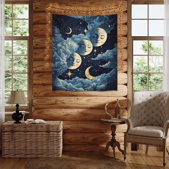 Blue Moon Faces Tapestry Celestial Wall Art Dark Academia Aesthetic Print Stars Clouds Tapestries Wall Hanging whimsical Gothic Home Decor for Bedroom Living Room 50x60inch