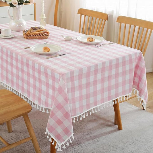 JIALE Gingham Tablecloth Square Cotton Linen Fabric Checkered Table Cloth with Tassel Washable Wrinkle Free Buffalo Plaid Table Cover for Valentines Day Spring Picnic Kitchen Dining, Pink, 55x55''