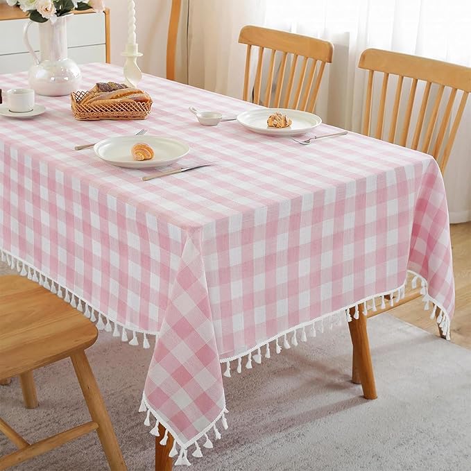 JIALE Gingham Tablecloth Rectangle Cotton Linen Fabric Checkered Table Cloth with Tassel Washable Wrinkle Free Buffalo Plaid Table Cover for Valentines Day Spring Picnic Kitchen Dining, Pink, 55x90''