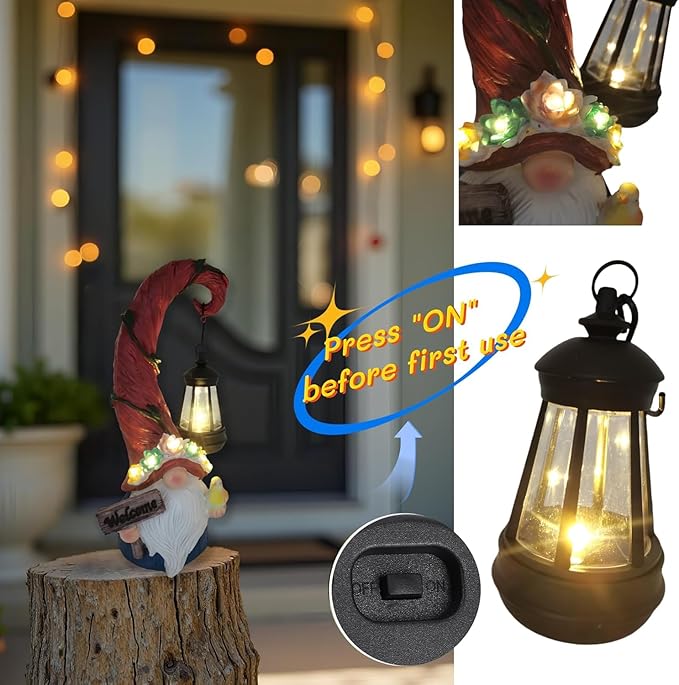Solar Outdoor Figurine Lights Gnome Garden Decor Statue with LED Flowers & Lantern, Glowing Fairy Yard Decorations for Outside Patio Yard Front Porch, Housewarming Home Decor Gifts Thanksgiving