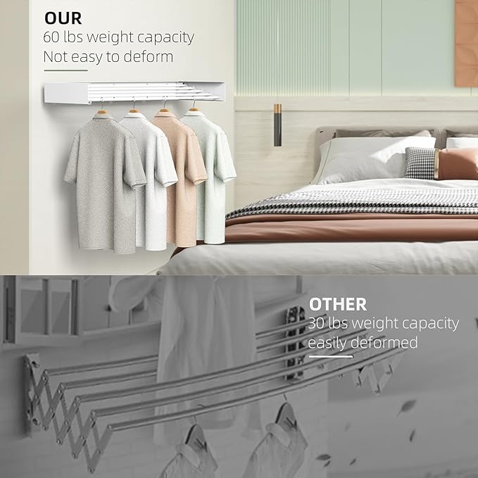 Laundry Drying Rack, Collapsible Wall Mounted Clothes Drying Rack - Drying Rack Clothing Foldable,Space Saving, 31.5" Wide, 13.2 Linear Ft, 5 Aluminum Rods, 60 lb Capacity (White, 31.5")