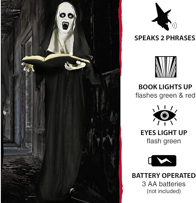 Haunted Hill Farm Life-Size Scary Talking Witch Nun Halloween Animatronic with Touch Activated Lights and Sound, Poseable, Battery Operated Indoor or Covered Outdoor Creepy Halloween Decorations