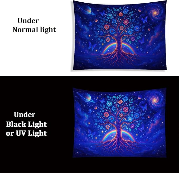 Starlit Patio Cosmic Tree Blacklight Tapestry UV Reactive Wall Hanging Rainbow Roots Flowers and Planets for Bedroom Dorm Living Room Glowing Spiritual Decor Fluorescent Trippy Poster 78 x 59 Inch