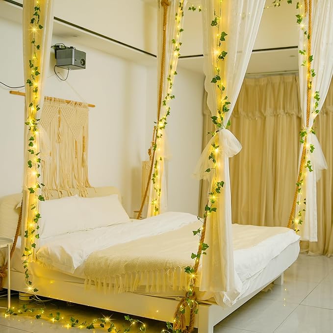 JMEXSUSS 33Ft Vines with Lights Battery Operated, 100 LED Ivy Vines with Fairy Lights Leaf with Remote for Bedroom Wall Classroom Dorm Wedding Birthday Party Decor(Warm White)