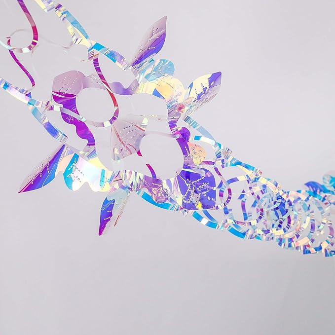 14ft Slender Iridescent Hanging Decorations Garland, Shiny Foil Metallic Banner for Christmas, Bridal Shower, Wedding, Birthday, Frozen Theme Party, Fairy Princess Rainbow Show Decoration
