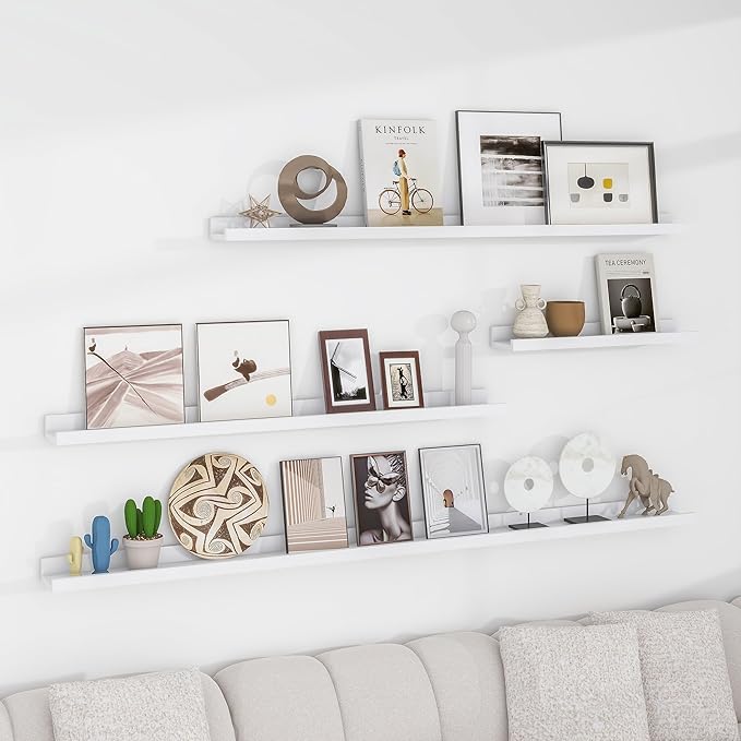 Solid Ash Wood Picture Ledge Shelf, Wood Floating Shelves Set of 2, 48 Inch Long Large Photo Ledge Shelves, Nursery Book Shelves Wall Mounted for Living Room Kids' Bedroom Decor, White