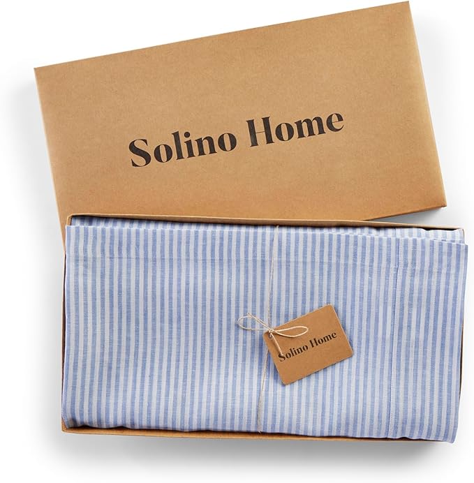 Solino Home Linen Tablecloth 60 x 144 Inch - Narrow Stripe 100% Pure Linen Cornflower Blue and White Table Cloth for Rectangle Tables - Machine Washable Tablecloth
