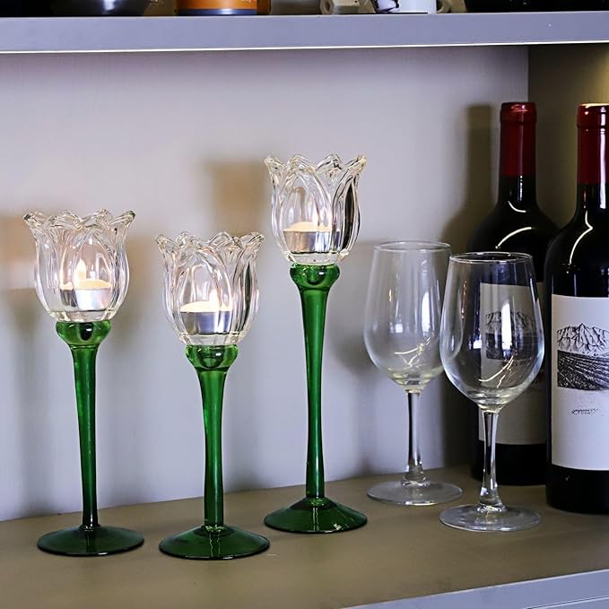 VOHO Tulips Glass Clear Candle Holder Decor for Home Living Room, 3pcs Varying Heights Tealight Candle Holder Wedding Centerpieces for Tables, White Flower Tall Votive Candle Holders Gifts for Friends