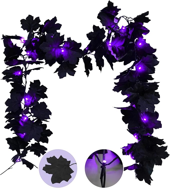 suddus 20 LED Halloween String Lights Battery Operated with Black Maple Leaves 6.5 ft Halloween Garland Decor for Yard, Porch, Table, Wall, Party, Indoor and Outdoor Decorations