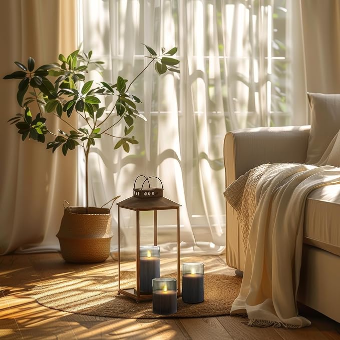 Amagic Grey Flameless Candles with Remote, Battery Operated Candles with Timer, Ribbed Glass LED Pillar Candles with Flickering Flame for Spooky Halloween Party Decor, Real Wax, Set of 3