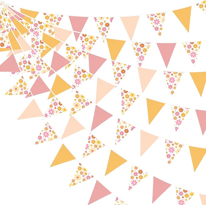 32Ft Groovy Party Decorations Dusty Pink Yellow Pennant Banner Fabric Triangle Flag Bunting Garland Streamers for Daisy Groovy Boho Retro Hippie Wedding Birthday Baby Shower Spring Party Supplies
