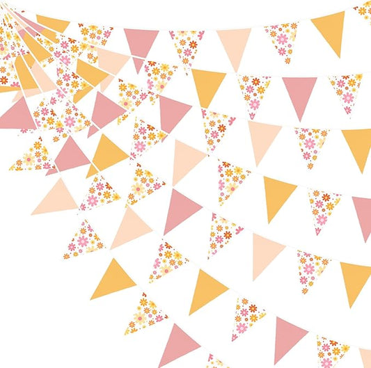 32Ft Groovy Party Decorations Dusty Pink Yellow Pennant Banner Fabric Triangle Flag Bunting Garland Streamers for Daisy Groovy Boho Retro Hippie Wedding Birthday Baby Shower Spring Party Supplies