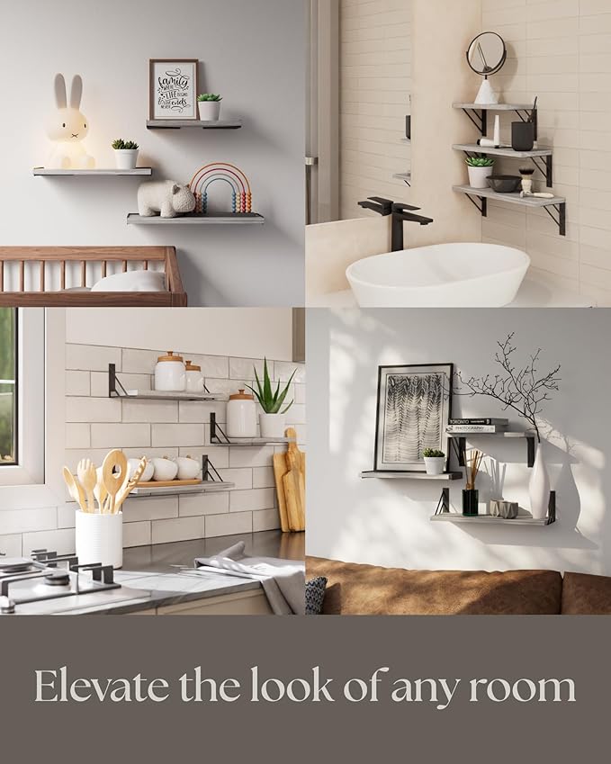 BAYKA Wall Shelves for Bedroom Decor, Floating Wall Shelves for Living Room Kitchen Storage, Wall Mounted Rustic Wood Floating Shelves for Kids Books,Corner Shelves for Bathroom(White，Set of 3)