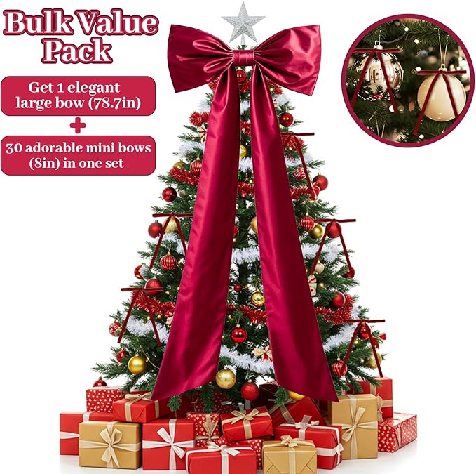 OurWarm Christmas Tree Topper Bow with Long Ribbon, 27.5 x 78.7 Inch Large Red Christmas Bow with 30 Small Red Velvet Bows for Christmas Tree, Christmas Tree Bows for Home Wreath Car Outdoor Decor