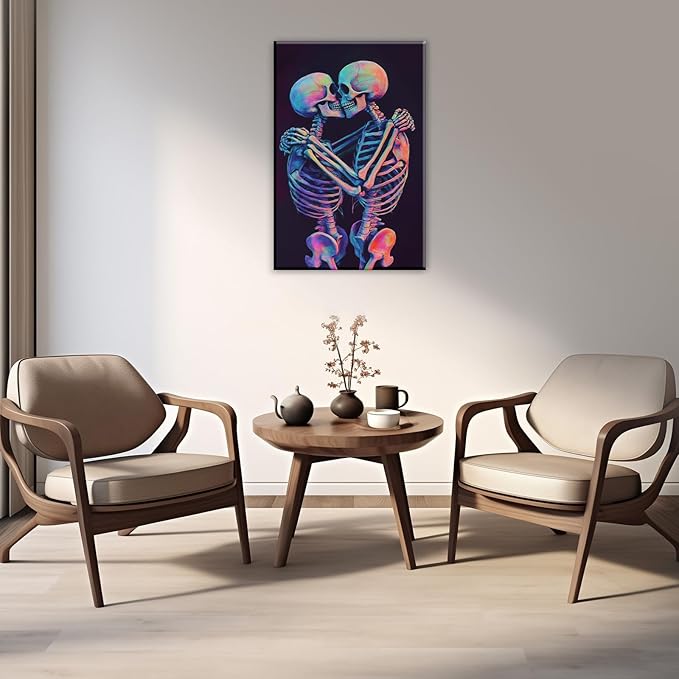 Skeleton Wall Art Kissing Skull Art Poster Skeleton Lover Picture Print On Canvas Abstract Horrible Theme Painting Framed Artwork Living Room Decor(Artwork-3,24"x36")