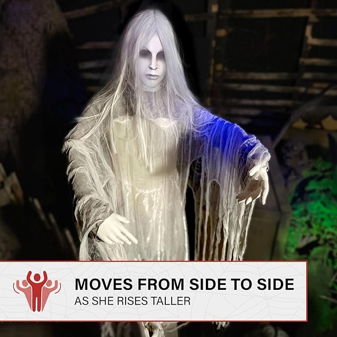 Haunted Hill Farm Rising Ghost Woman by Tekky, Battery-Operated, Sound Activated Animatronic with Sound Effects for Indoor or Covered Outdoor Creepy Halloween Decoration