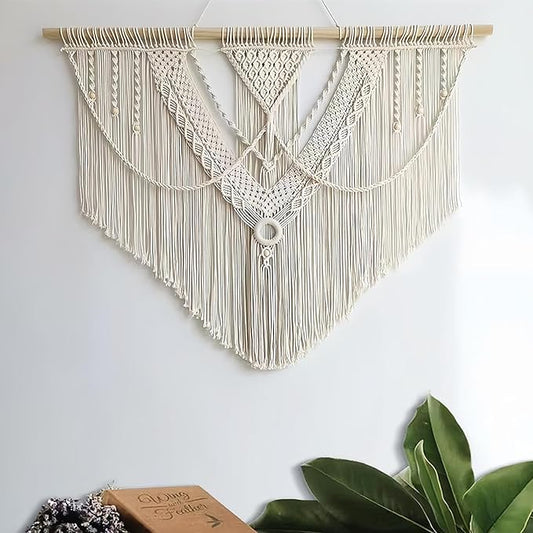 guzhiou large macrame wall hanging - Boho Tapestry Macrame Wall Decor Art- Chic Bohemian Handmade Woven Tapestry Home Decoration for Bedroom Living Room Apartment Wedding Party - 43"x32" (Beige-A)