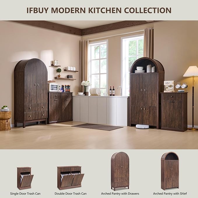 71" Tall Arched Bathroom Storage Cabinet, Modern Fluted Storage Cabinet w/Doors, 3 Adjustable Shelves, 6 Door Shelves, Wood Freestanding Cabinet for Bathroom, Entryway, Hallway, Brown