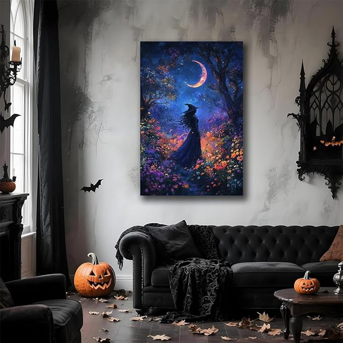 Vintage Halloween Witch Decor Mystic Gothic Wall Art Poster,Enchanting Witch Fall Whimsical Wildflowers Woodland Forest Crescent Moon Picture Art,Creepy Witchy Home Decor,20"x30" Framed