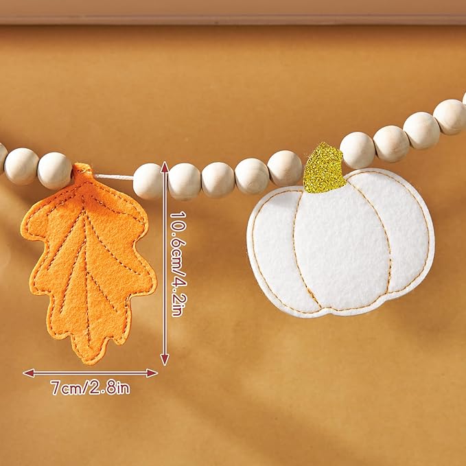 2 Pcs Fall Decorations for Home, Felt Pumpkin Leaves Garland and Wood Bead for Mantel, Felt Ball Garland, Thanksgving Decorations Indoor, Pumpkin Banner