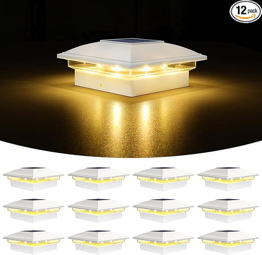 VOLISUN Solar Post Cap Light Outdoor Waterproof 12pack,Solar Fence - Post Lights for 4x4 5x5 6x6 Wooden/Vinyl Post,White Deck Cap Light Solar Powered with Warm White for Garden/Patio/Porch