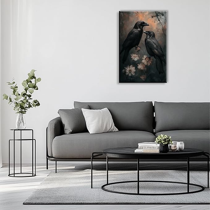 OAAPITI Birds Canvas Wall Art Black Couple Crow Picture Print Vintage Gothic Raven Artwork for Living Room Halloween Home Wall Decor(Artwork-7,24"x36")
