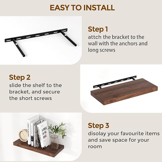 Rustic Wood Floating Shelves 32 Inch Long, 9 Inch Deep Wall Shelves for Home Decor, 32 x 9 Floating Shelf Wall Mounted Set of 2, Deep Floating Shelves for Kitchen, Bedroom, Living Room, Walnut Color