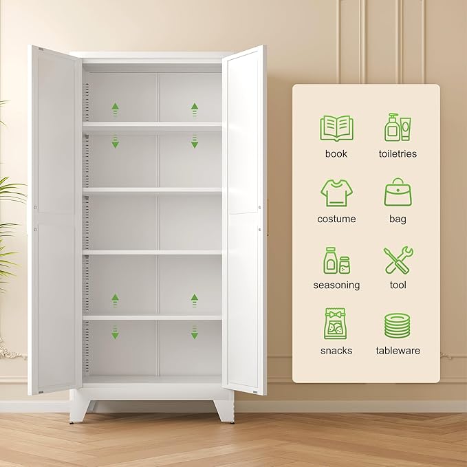 71'' Farmhouse Metal Storage Cabinet with Barn Doors,Steel File Cabinet for Home Office,Kitchen Pantry 4 Adjustable Shelves,Freestanding Cupboard for Kitchen,for Home Office,School (White)