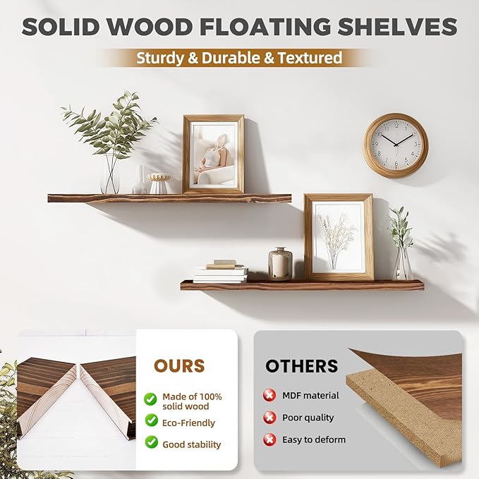 36"x6.8"x1.2" Solid Wood Floating Shelves 2-Pack - Rustic Brown Finish with Hidden Brackets, Perfect for Storage and Décor in Living Room, Kitchen, Bedroom