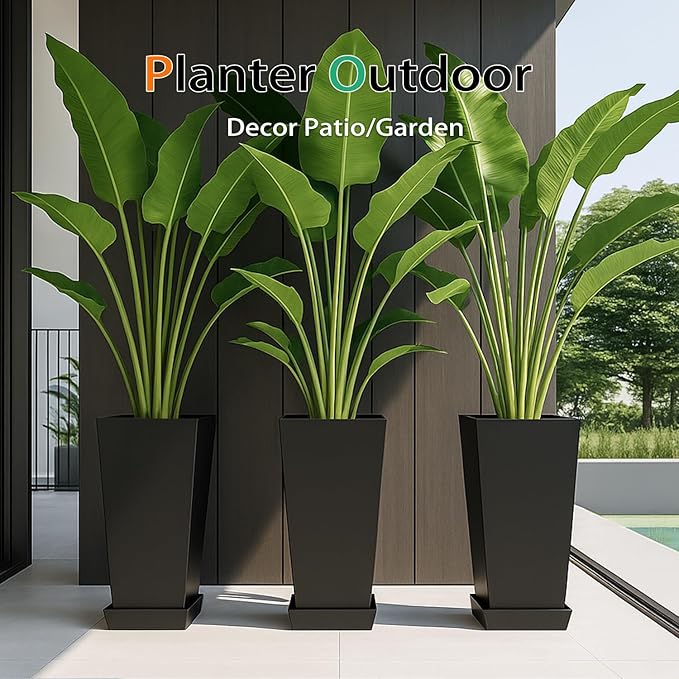 Tall Planters for Outdoor Plants, Large Resin Flower Pots with Saucers for Garden, Front Porch, Patio, Indoor - Set of 2 (Black, 30 inch - 2 Pack)