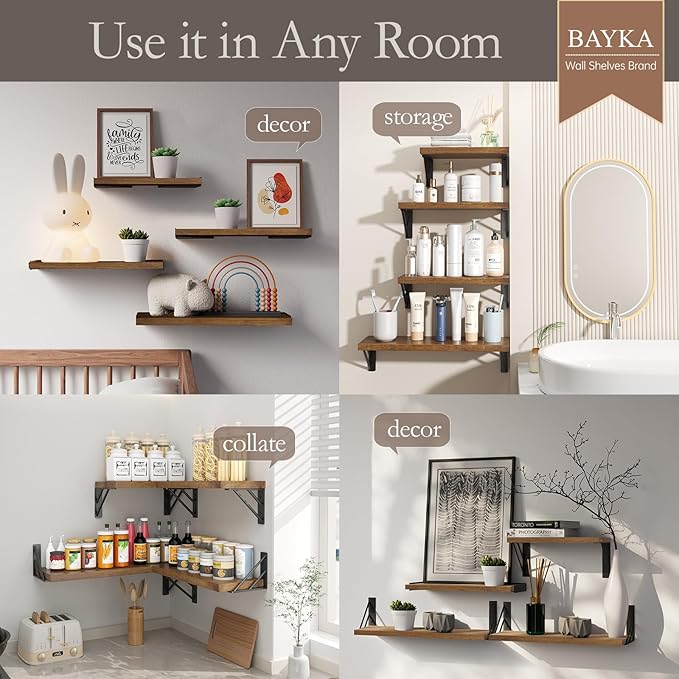 BAYKA Floating Shelves for Wall, Book Shelf for Bedroom, Wall Decor Shelves for Living Room Kitchen, Mounted Wood Floating Shelf for Home Decor, Corner Shelf for Bathroom, Office(Set of 4)
